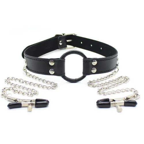 Naughty Toys Male Sex Toys Mouth gag with rubber ORing and chain nipple clamps