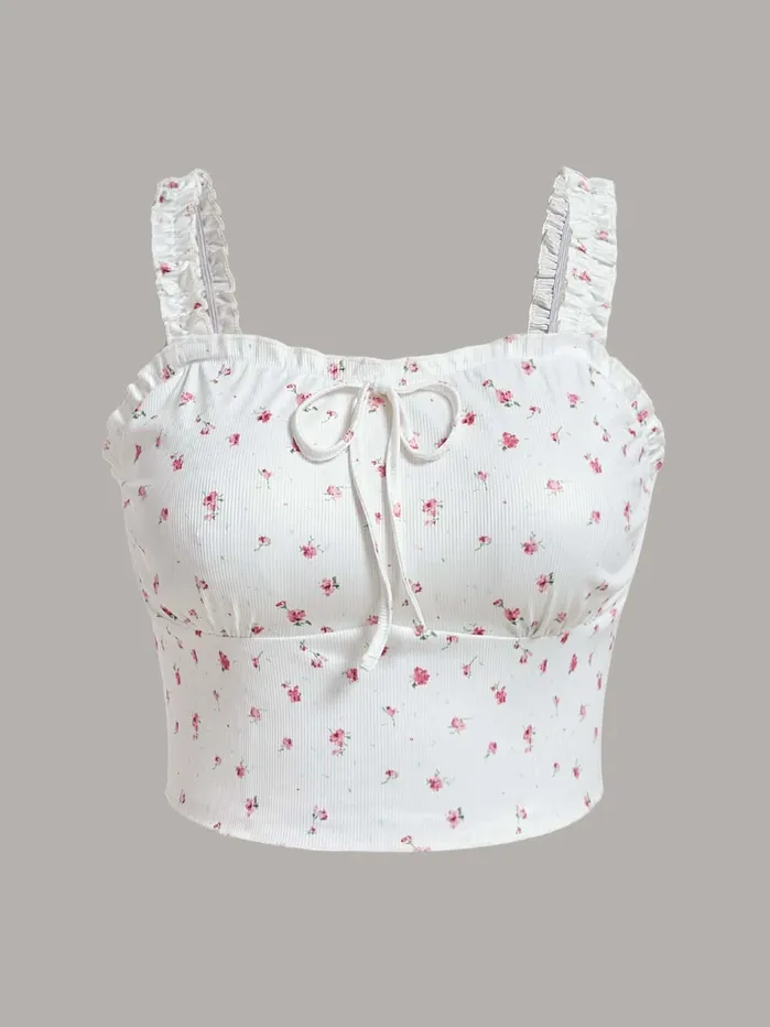 Male Sex Toys SHEIN SHEIN VCAY Plus Ditsy Floral Frill Trim Tie Front Cami Top