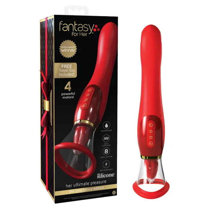 Pipedream Fantasy For Her 24k Gold Luxury Edition Her Ultimate Pleasure Rechargeable Silicone DualEnded Vibrator With Licking Suction Red Nalpac Female Sex Toys Pipedream Fantasy For Her 24k Gold Luxury Edition Her Ultimate Pleasure Rechargeable Silicone DualEnded Vibrator With Licking Suction Red Nalpac Female Sex Toys