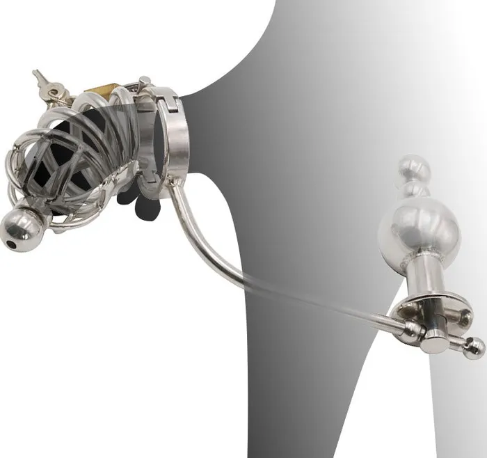 CHASTITY CAGE CO Male Sex Toys Cock Cage with a Butt Plug attachment and Urethral Sound 177 inches Long