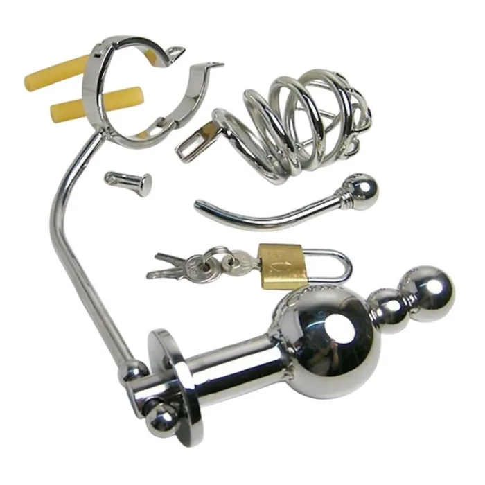 CHASTITY CAGE CO Male Sex Toys Cock Cage with a Butt Plug attachment and Urethral Sound 177 inches Long