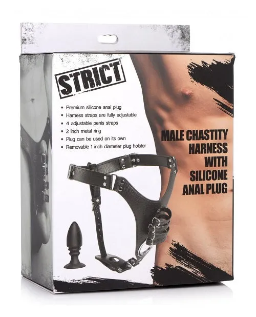 XR Brands Male Sex Toys Strict Male Chastity Harness with Silicone Anal Plug Black