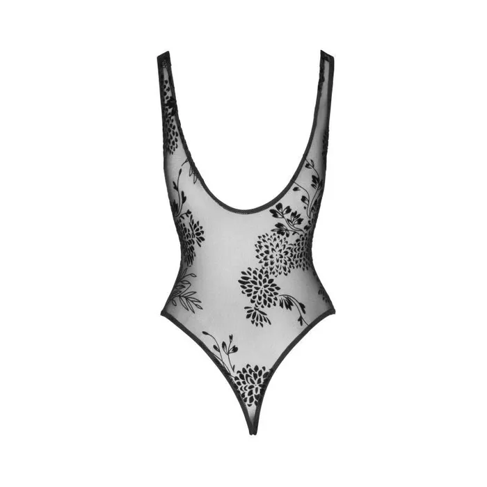 Anal Noir Tulle Bodysuit w Patterned Flock Embroidery Medium Black