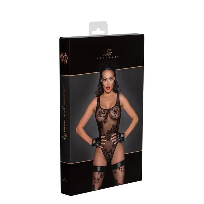 Anal Noir Tulle Bodysuit w Patterned Flock Embroidery Medium Black