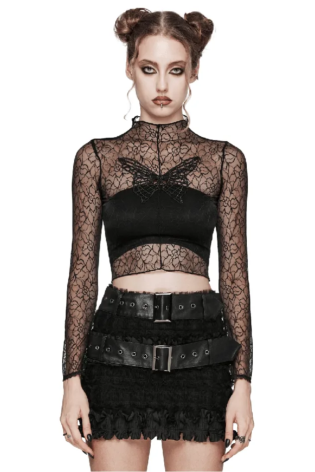 EVEs SECRETS Gothic Black Mesh Butterfly Crop Top with Long Sleeves Anal