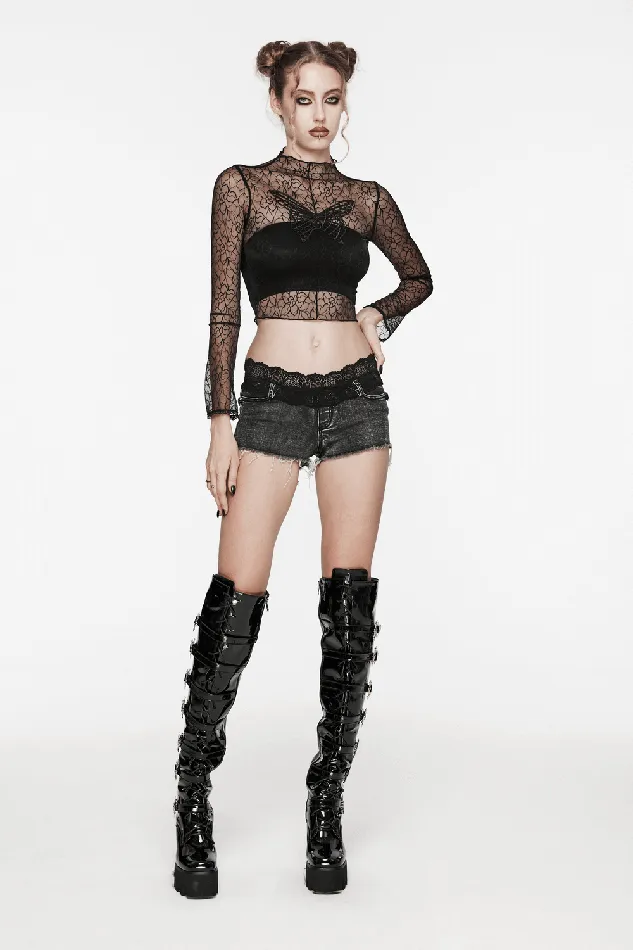 EVEs SECRETS Gothic Black Mesh Butterfly Crop Top with Long Sleeves Anal
