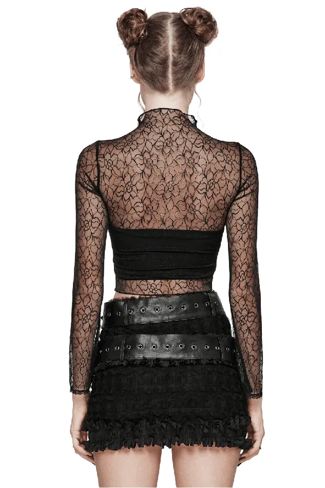 EVEs SECRETS Gothic Black Mesh Butterfly Crop Top with Long Sleeves Anal