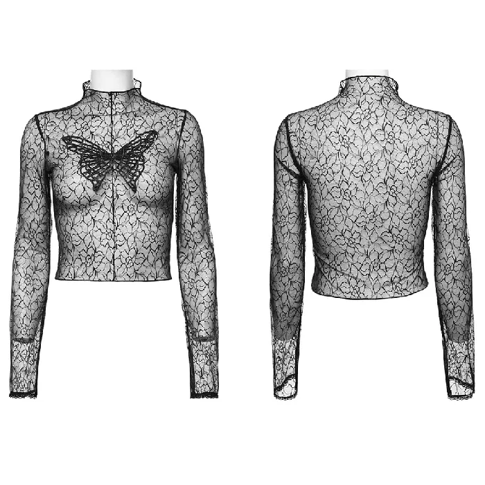 EVEs SECRETS Gothic Black Mesh Butterfly Crop Top with Long Sleeves Anal