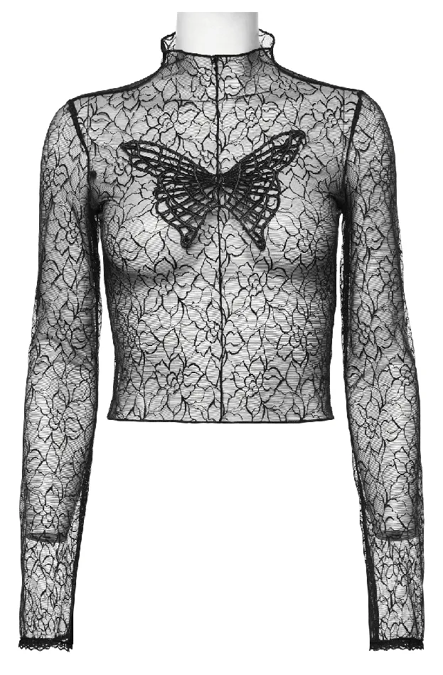 EVEs SECRETS Gothic Black Mesh Butterfly Crop Top with Long Sleeves Anal