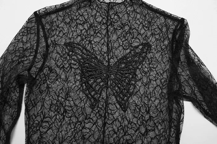EVEs SECRETS Gothic Black Mesh Butterfly Crop Top with Long Sleeves Anal