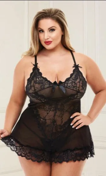 Female Sex Toys Baci Lingerie Baci Lingerie Mini Lace Babydoll Chemise with Matching GString Black 2 Piece Set