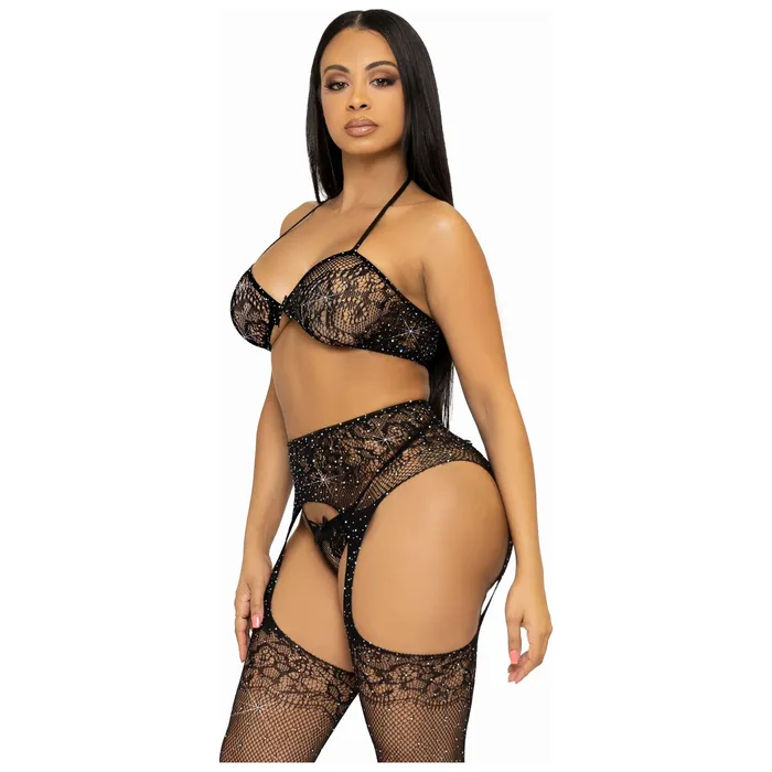 Leg Avenue Anal 3 Pc Rhinestone Bra Top GString and Garter Belt Stockings One Size Black