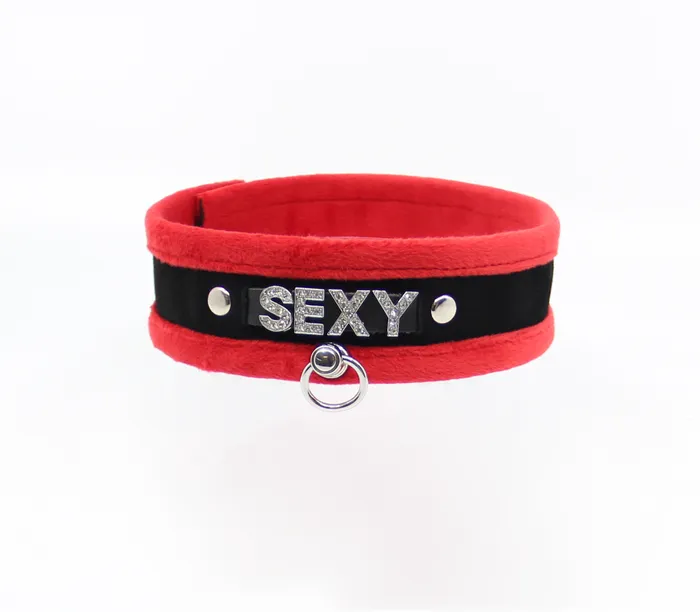 Love in Leather Fluffy Diamante SEXY Collar Red Black with O Ring Love in Leather Restraints