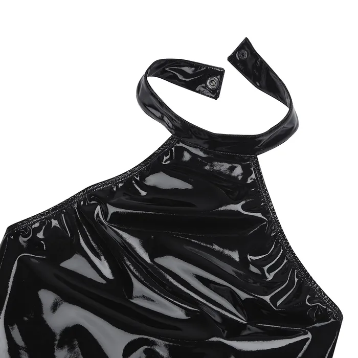 Womens Black Wet Look Halter Bodysuit High Cut Glossy Lingerie EVEs SECRETS Anal