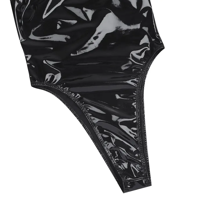 Womens Black Wet Look Halter Bodysuit High Cut Glossy Lingerie EVEs SECRETS Anal