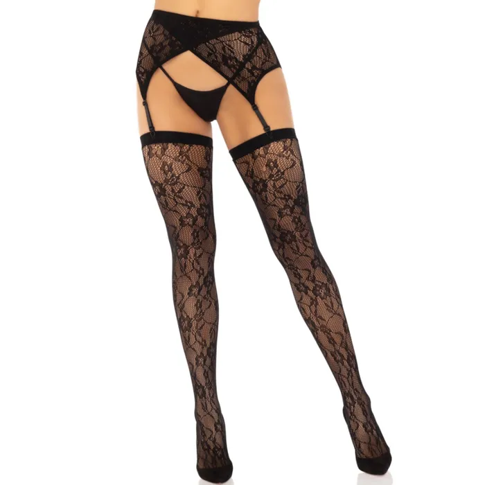 Anal LEG AVENUE LACE THIGH HIGHS GARTERBELT BLACK Leg Avenue