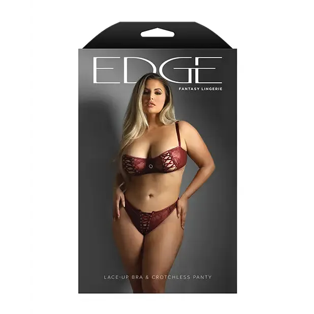 Female Sex Toys Fantasy Lingerie Edge Lace and Mesh Underwire Bra Crotchless Panty wLaceup Detail Wine Female Sex Toys Fantasy Lingerie Edge Lace and Mesh Underwire Bra Crotchless Panty wLaceup Detail Wine