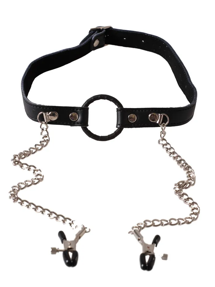 HonourSkintwocom Couples Leather ORing Gag with Nipple Clamps HonourSkintwocom Couples Leather ORing Gag with Nipple Clamps