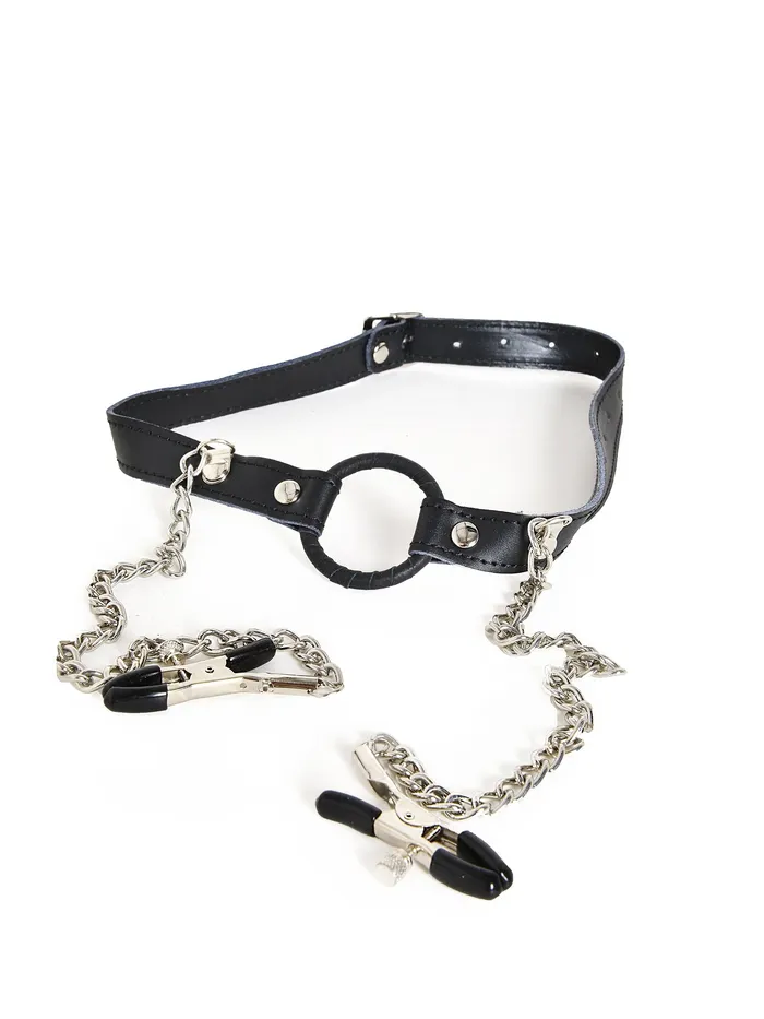 HonourSkintwocom Couples Leather ORing Gag with Nipple Clamps HonourSkintwocom Couples Leather ORing Gag with Nipple Clamps