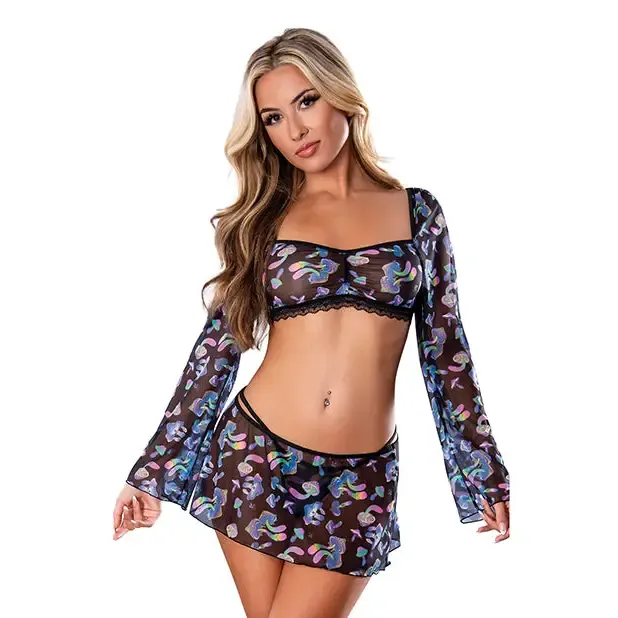 Magic Moments Intl Anal Hazy Dayz Shrooms Crop Top wSkirt Thong Black