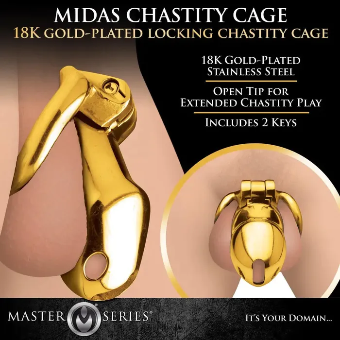 Master Series Midas 18k Goldplated Locking Chastity Cage Male Sex Toys